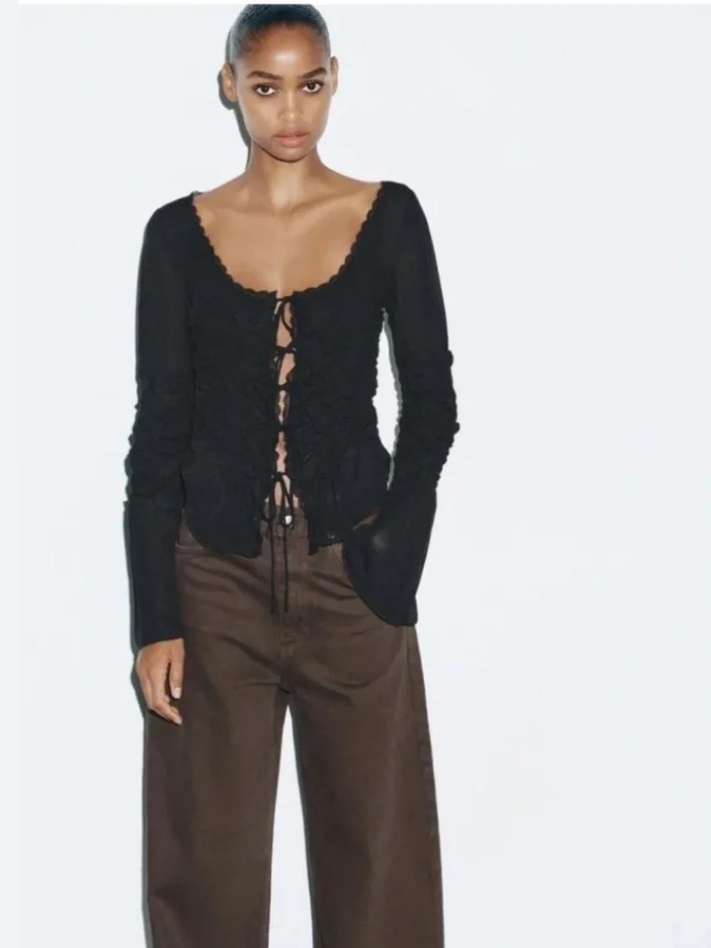 Zara Black Lace-Trim Tie-Front Long Sleeve Top
